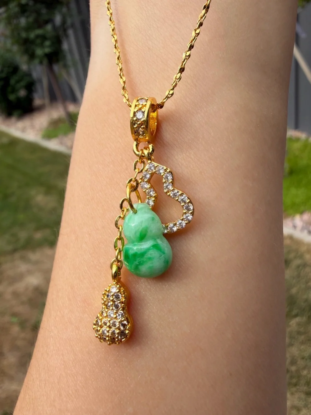 Handcrafted Natural Type A Vivid Sun Green Jadeite Gourd (Wu Lou) Pendant